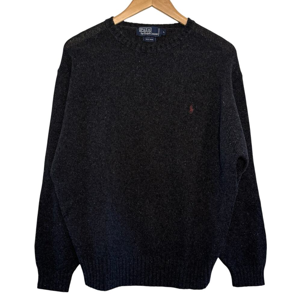 Vtg 1990's Polo By Ralph Lauren 100% Wool Dark Gray Pullover Crew Neck Sweater